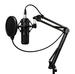 Professional black condenser microphone with pop filter on a boom arm, isolated on white background. © yusmal