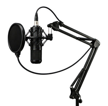 Professional black condenser microphone with pop filter on a boom arm, isolated on white background.