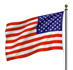 Fototapeta premium American flag with stars and stripes waving proudly on a flagpole against a clean white background, symbolizing national pride.