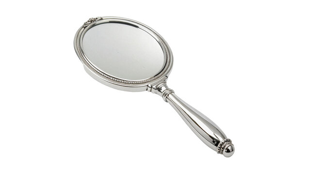 Vintage ornate silver handheld vanity mirror for beauty cosmetic salon isolated on transparent background