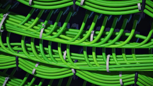 Angled view of bundled green network cables in data center rack