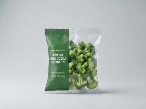 Fresh broccoli florets in clear packaging with green label, washed and ready for cooking