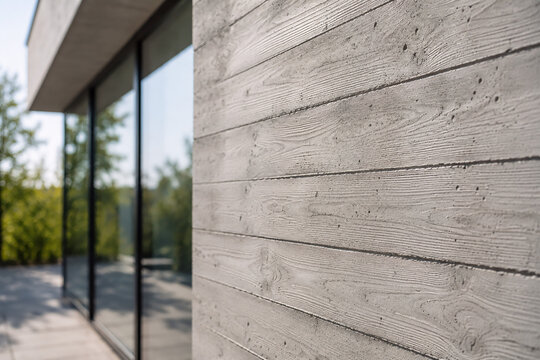 Sichtbetonfassade mit Holzstruktur und moderner Glasfront