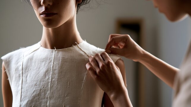 Model fitting in muslin garment as designer adjusts neckline in studio setting with soft lighting
