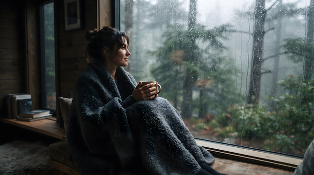 A young woman wrapped in a soft grey blanket sits comfortably by a large window, enjoying a steaming hot drink from a mug while looking out at a rainy, misty pine forest on a cozy autumn day.