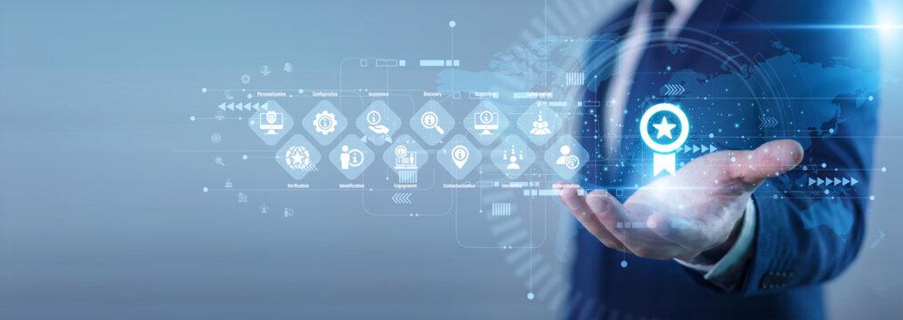 Marketer hand hold smart device Recommendation concept analyzing customer purchasing behavior, personalization algorithm prediction and online retail system optimization. Modern sales engine.