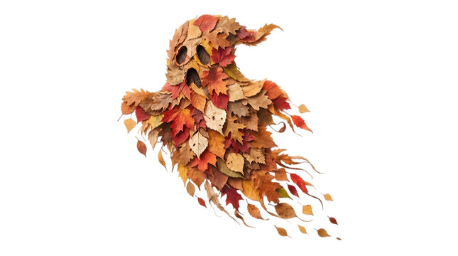 A creatively designed spooky ghost form artfully assembled using a beautiful collection of colorful fallen autumn leaves in shades of red and gold