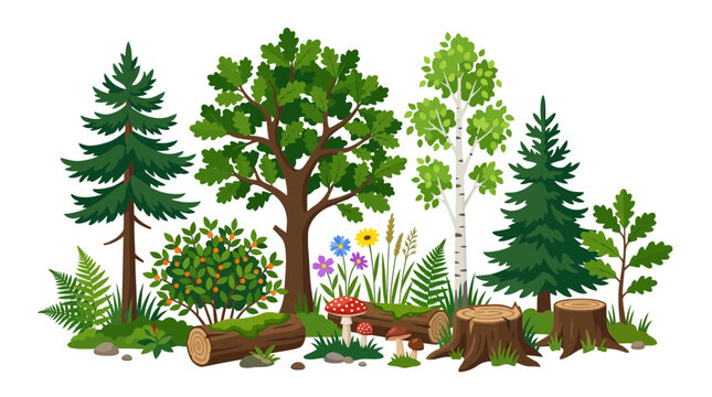 Forest elements collection with trees flowers and logs illustration