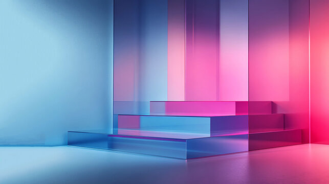 The image shows a semi-transparent acrylic tiered display stand against a black background, with a soft gradient from blue to pink from left to right. Behind it stands a vertical panel in the same 