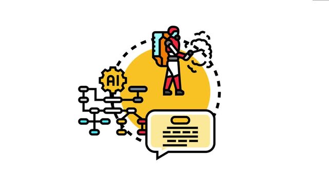 Artificial intelligence bot automating business process execution, featuring a robotic figure, ai gear icon, and flowchart with document feedback for efficient task completion
