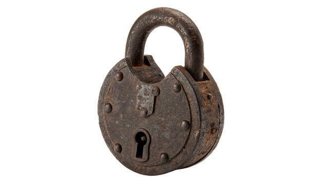 Old vintage rusty metal padlock lock for safety security history concept isolated on transparent background