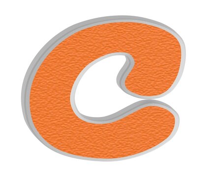 C bold 3d lettering with a textured orange face and layered metallic silver beveled edges in white isolated background, 3d rendering