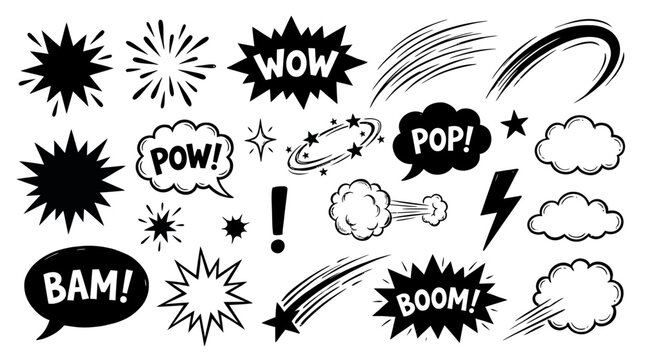 Comic book speech bubbles and explosion effects collection with action text like bam pow wow pop and boom alongside clouds and stars for graphic design.