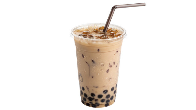 Refreshing sweet iced bubble boba milk tea beverage drink with straw isolated on transparent background