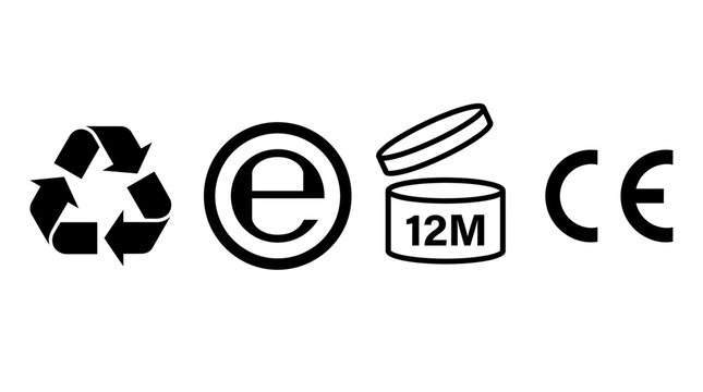 Packaging symbol set including recycling logo estimated sign period after opening 12m jar and ce mark for product labeling compliance and certifications.