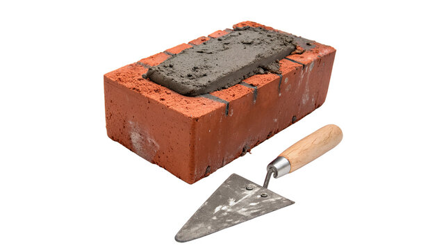 Red building brick with cement mortar and industrial trowel tool isolated on transparent background