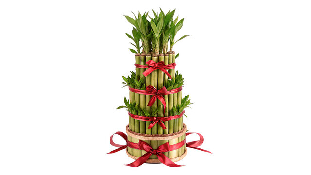 Multi tiered lucky bamboo stalks tied together for houseplant interior decor isolated on transparent background
