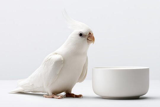 Elegant white cockatiel perched beside a modern ceramic water bowl, pure white studio environment,