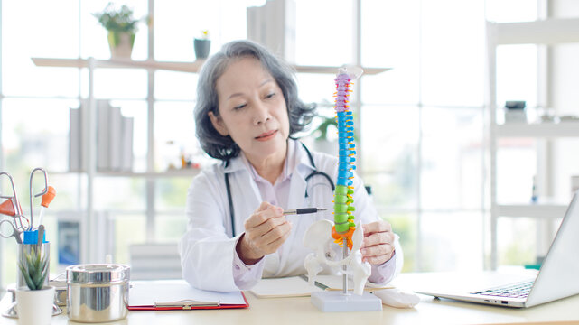 Asian older woman orthopedics doctor demonstrate explain treatment methods anatomy structure in human spine bone model consultation injury healthcare office professional physician hospital clinic.