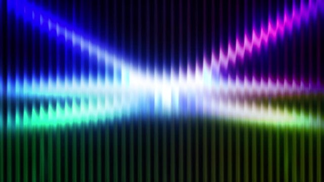 Neon rainbow beams create vivid prism effects through textured glass.