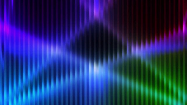 Vibrant rainbow light beams bend through ribbed glass with glowing refraction.