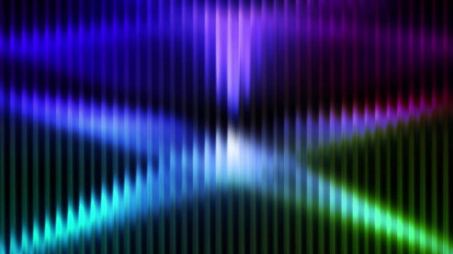 Colorful laser light bends into glowing geometric waves through textured glass.