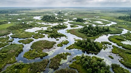 Naklejka premium Aerial view of a winding river flowing through a lush green marshland landscape.