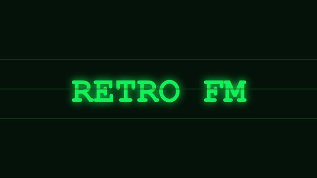 Retro fm neon text sign with glitch effect and scanlines for vintage radio broadcast and nostalgic music theme motion animation 4k