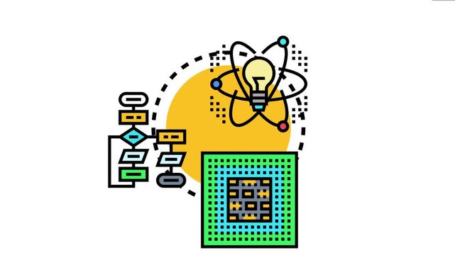 Artificial intelligence instruction design encompassing a lightbulb as an idea, a flowchart for process, and a microchip for computation, technology development