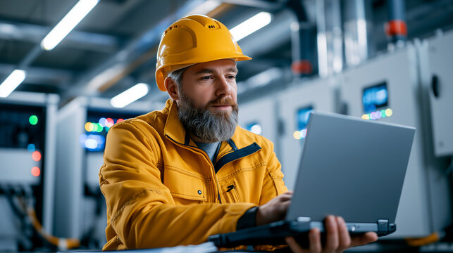 Battery energy storage engineer updating controller firmware using rugged laptop, BESS cabinets, LED indicators, clean industrial workspace, renewable power infrastructure.