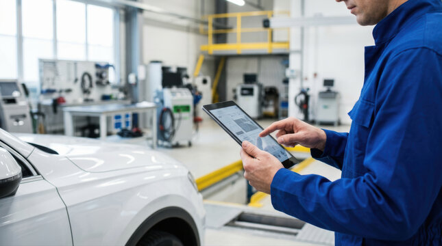 Mechanic tablet car workshop technology maintenance male uniform service garage mechanic blue uniform using tablet near white car inside bright auto workshop focusing modern digital maintenance