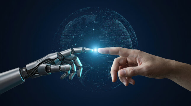 Robot hand human hand touch technology artificial intelligence future connection digital innovation collaboration Human hand touching robot hand with glowing connection dark blue background