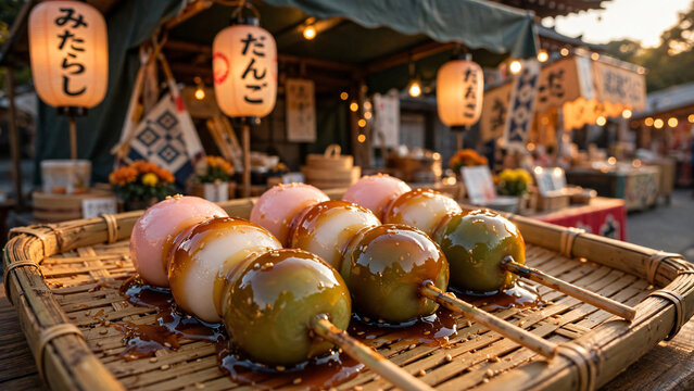 Glazed Japanese mitarashi dango rice dumplings grilled on skewers during golden hour at an outdoor festival market.