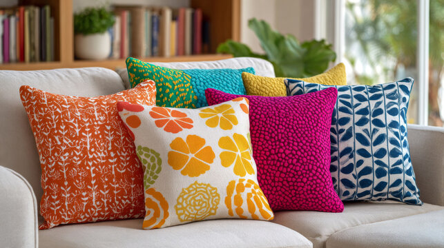 A light fabric sofa is decorated with several throw pillows of different bright patterns and colors, with a background of bookshelves and green plants, creating a cozy home interior atmosphere.

