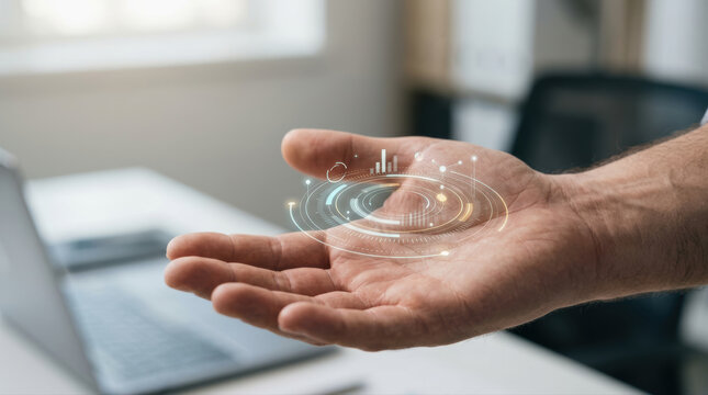 Technology innovation future hologram digital data business hand interface network Futuristic technology innovation hologram digital data business hand interface network concept modern office
