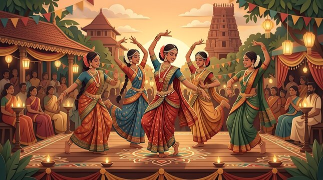 Women in colorful sarees performing traditional dance at a festival