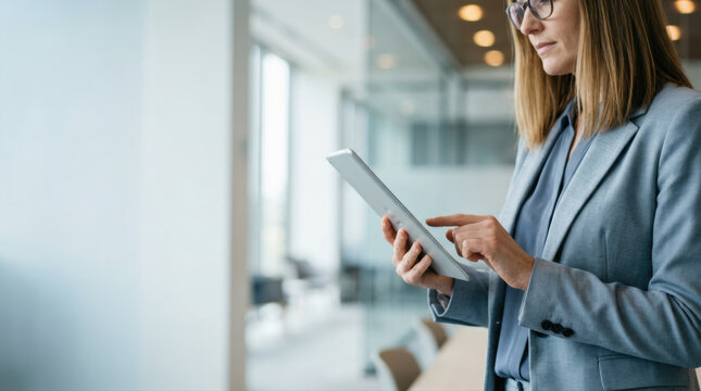 Businesswoman tablet office professional technology corporate digital workplace modern glass Businesswoman holding tablet modern glass office, professional female using digital device bright