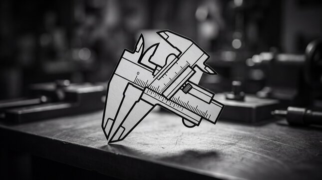 Metal vernier caliper icon standing on a workshop table in monochrome