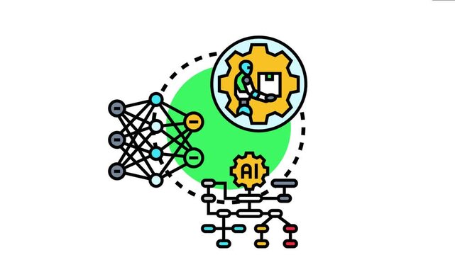 Artificial intelligence model inference at the edge processing data, showing a robot in a gear circle, a neural network, and a decision tree diagram for efficient local computation