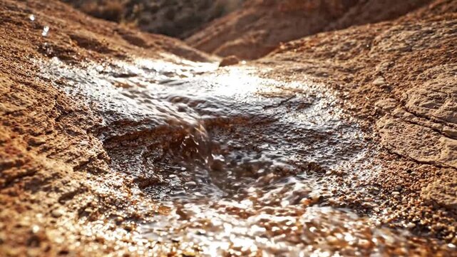 Water Stream Flowing over Rocky Ground in Sunlit Landscape. 4K Video