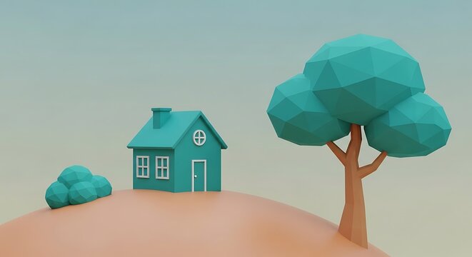 Low poly house and teal tree on peach hill