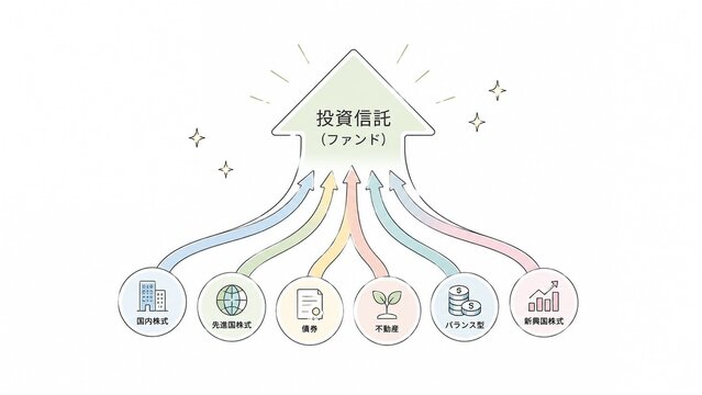 国内株式や債券、不動産など多様な投資対象から投資信託（ファンド）に資金が流入する概念図
