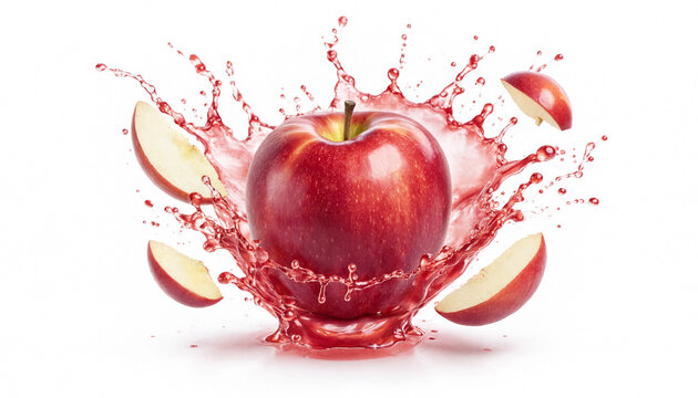 Fresh red apple with water splash and fruit slices