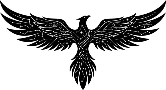 Celestial Phoenix Silhouette with Star and Constellation Patterns