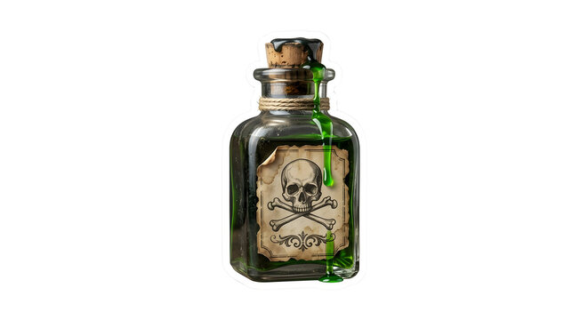 Glass apothecary poison bottle with a cork stopper, skull label, and glowing green liquid dripping down
