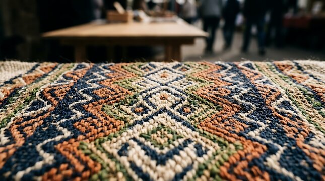 Close up of a handwoven geometric rug at an outdoor market