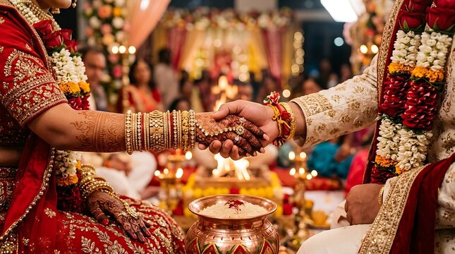 Indian bride and groom holding hands during a traditional hindu wedding ceremony with ritual fire in background