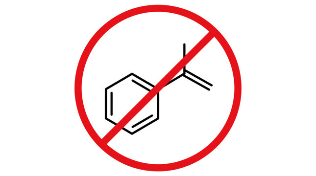 Chemical molecular structure of styrene prohibited by red circle symbol indicating danger in laboratory white background