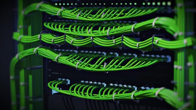 Green network cables on server racks in AI data center facility