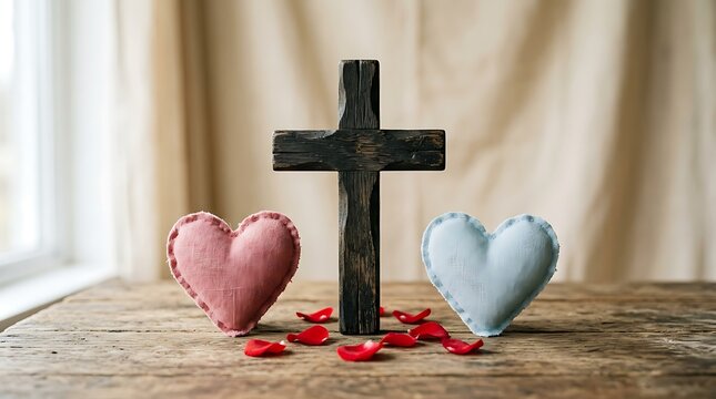 A rustic wooden cross standing between a pink and blue heart with red petals on a table